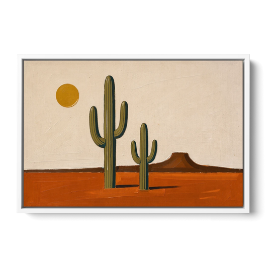 Southwest Wall Art with Two Saguaros Under the Sun - White Framed Canvas Wall Art - Front