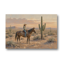 Southwestern Cowgirl Beside the Tall Saguaro - Canvas Wall Art - Front
