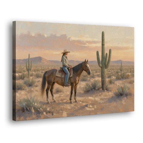 Southwestern Cowgirl Beside the Tall Saguaro - Canvas Wall Art - Side