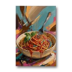 Spaghetti Bowl with Fork and Basil in Teal Strokes - Canvas Wall Art - Front