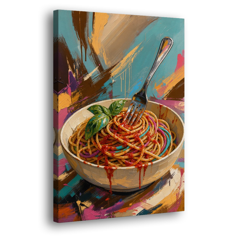 Spaghetti Bowl with Fork and Basil in Teal Strokes - Canvas Wall Art - Side