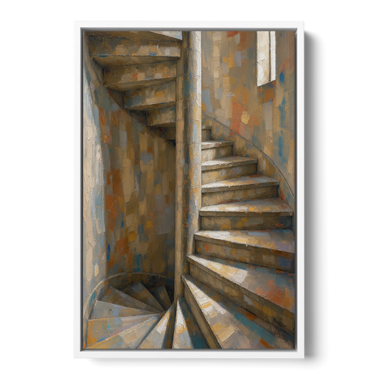 Spiral Staircase Painting in a Stone Tower - White Framed Canvas Wall Art - Front