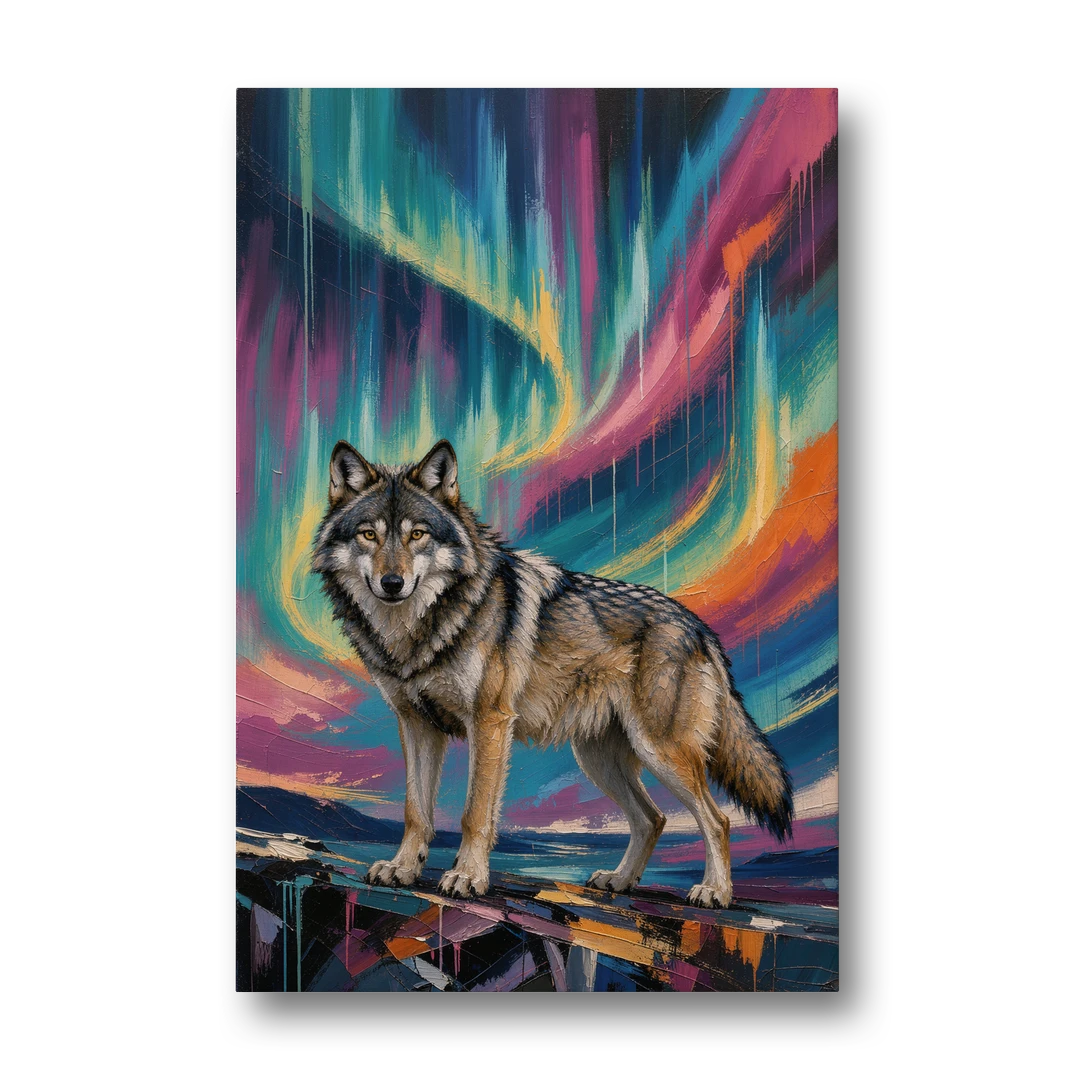 Spirit Wolf Painting Under the Aurora - Canvas Wall Art - Front