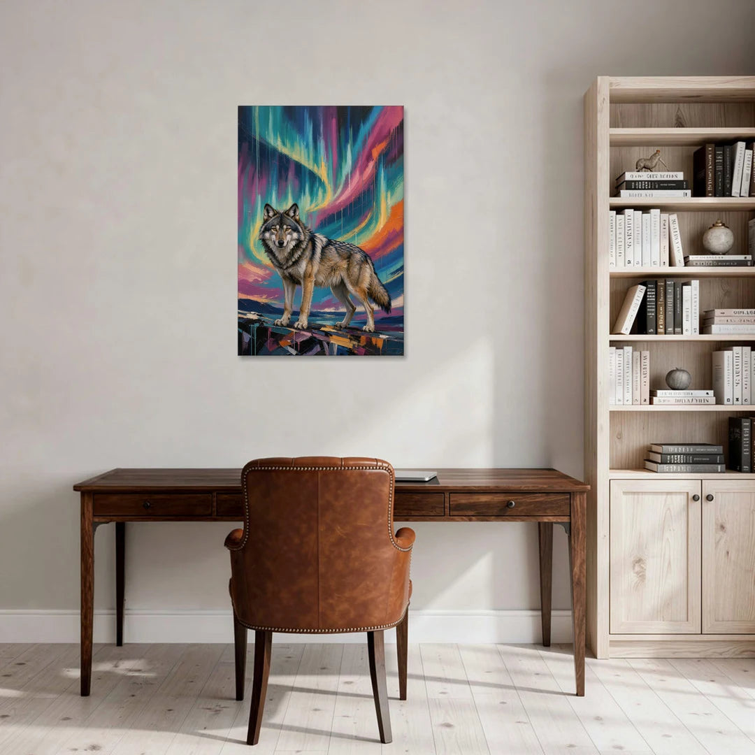 Spirit Wolf Painting Under the Aurora - Canvas Wall Art - Office - 24x36