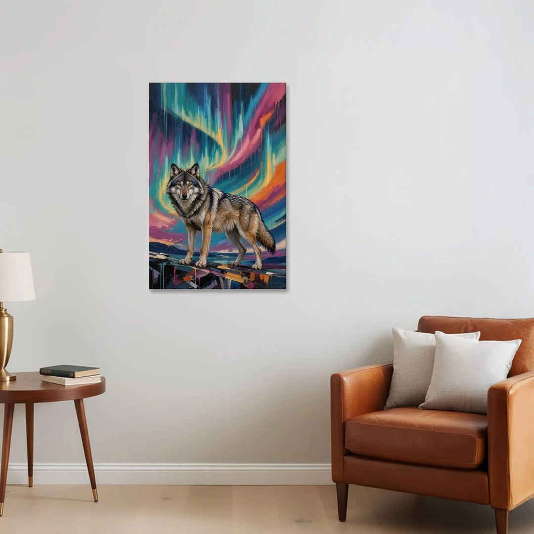 Spirit Wolf Painting Under the Aurora - Canvas Wall Art - Sofa - 24x36