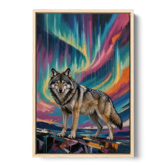 Spirit Wolf Painting Under the Aurora - Oak Framed Canvas Wall Art - Front