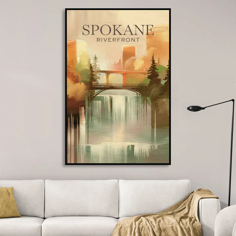 Spokane Riverfront Views Living Room - Black Canvas Wall Art