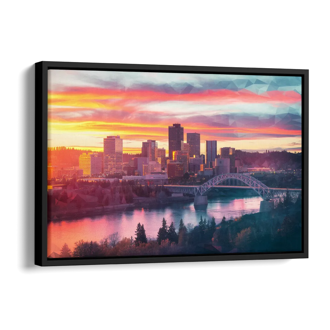 Spokane Skyline Sunset Side - Black Canvas Wall Art