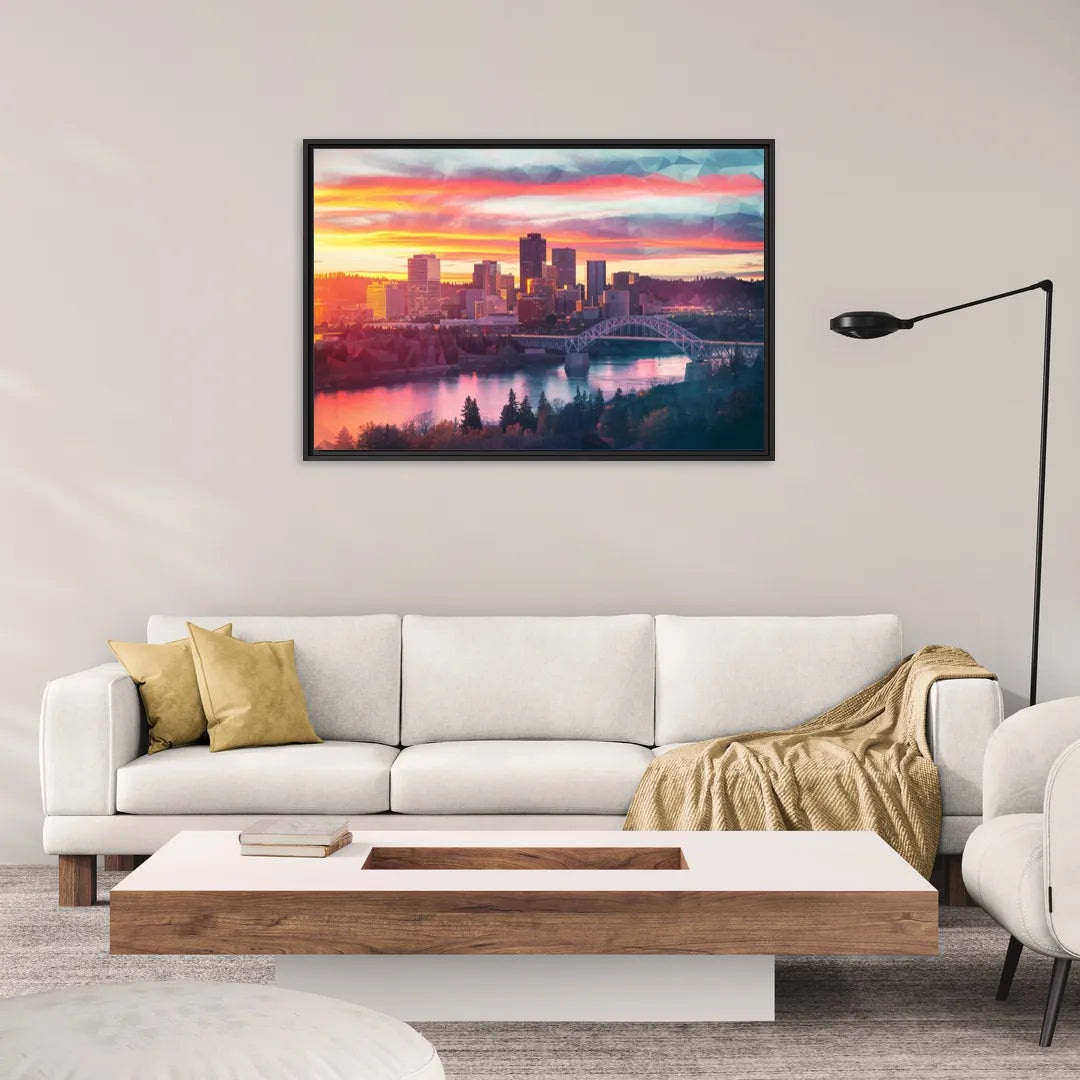 Spokane Skyline Sunset - Living Room Black Frame Canvas
