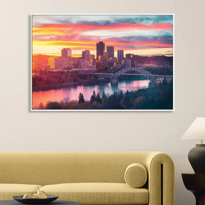 Spokane Skyline Sunset Sitting Room - White Canvas Wall Art