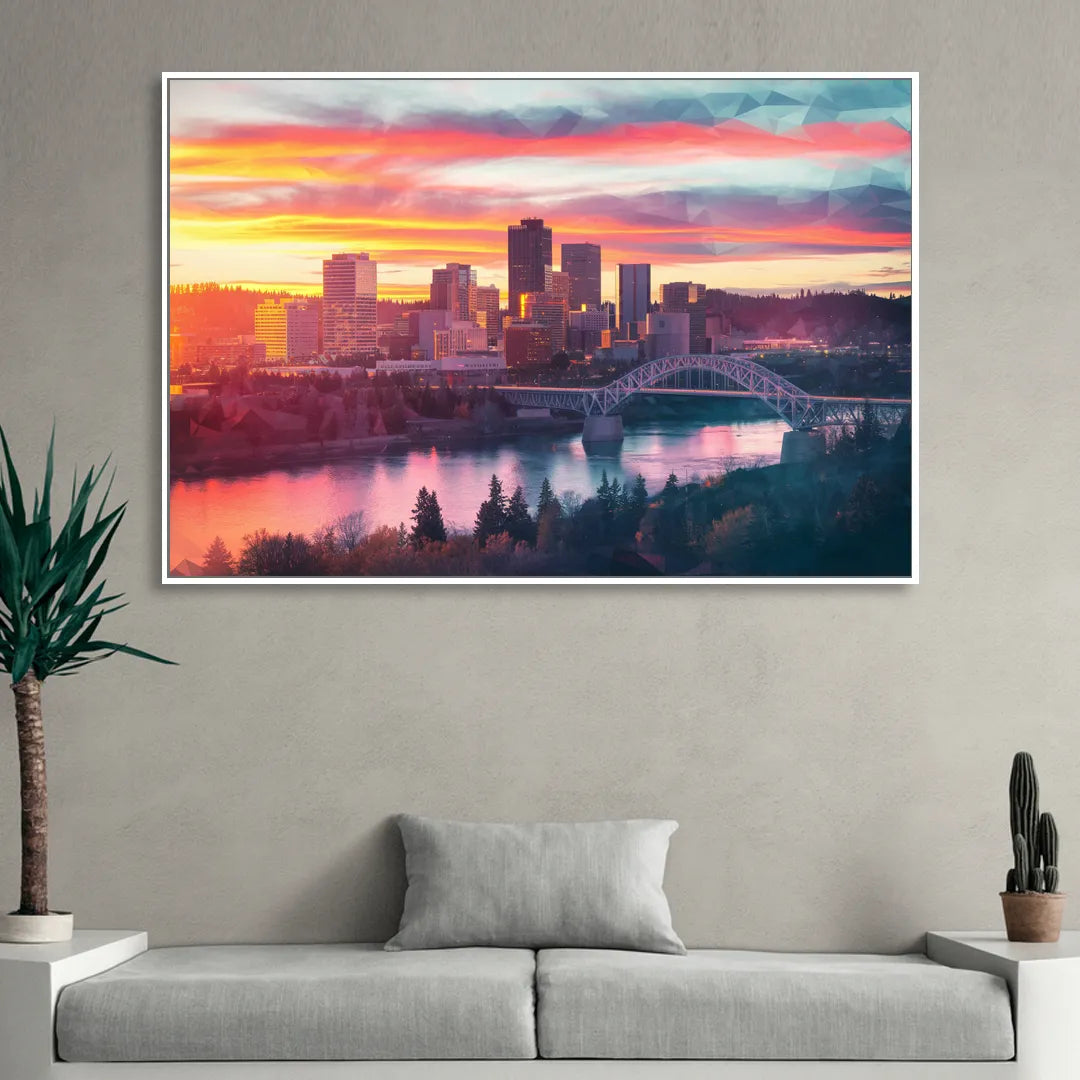 Spokane Skyline Sunset Living Room - White Canvas Wall Art