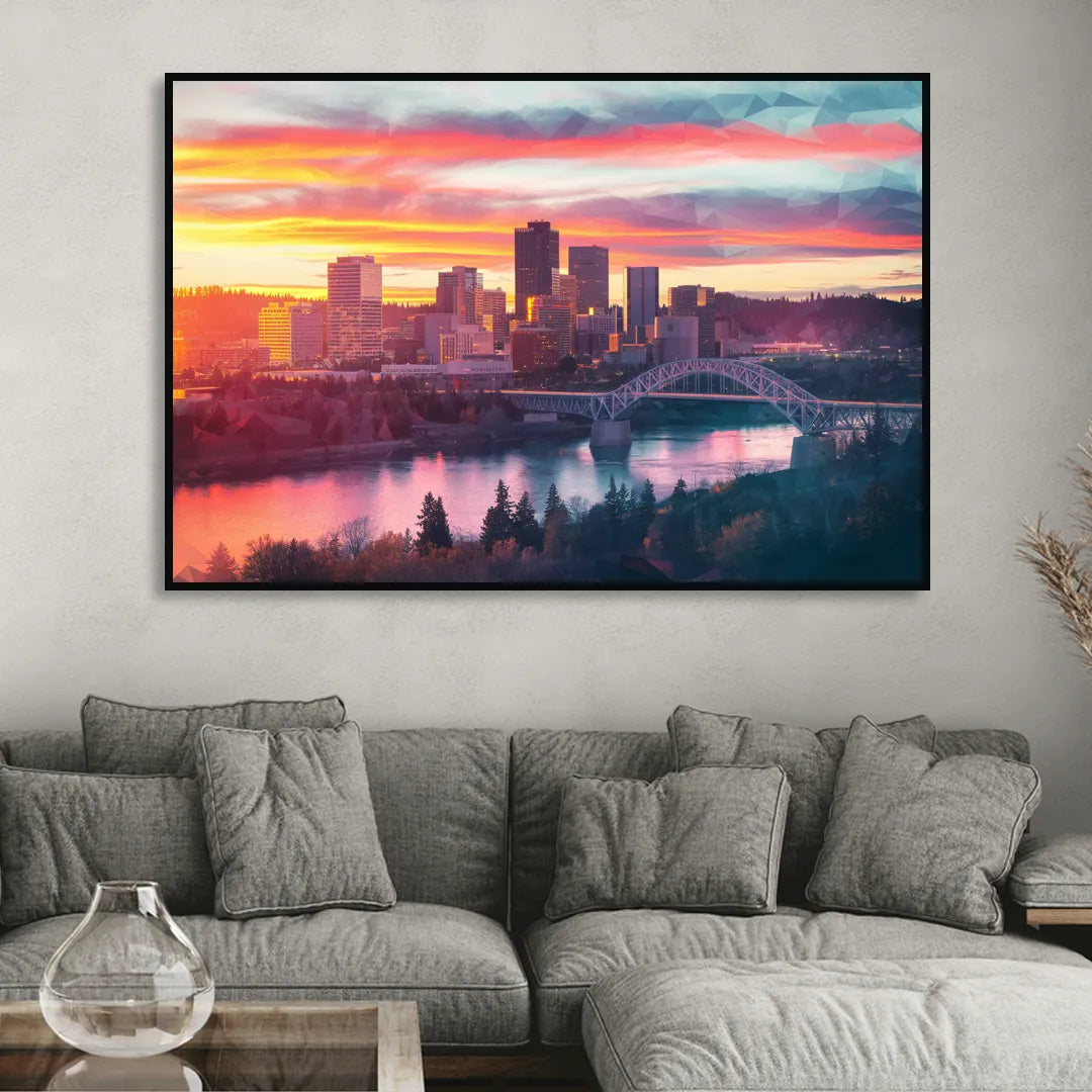 Spokane Skyline Sunset Sitting Room - Black Canvas Wall Art