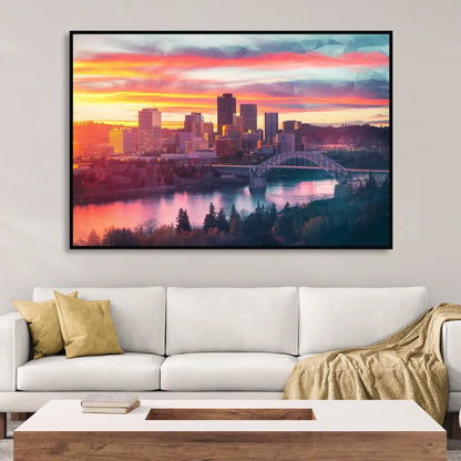 Spokane Skyline Sunset Living Room - Black Canvas Wall Art
