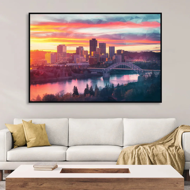 Spokane Skyline Sunset Living Room - Black Canvas Wall Art