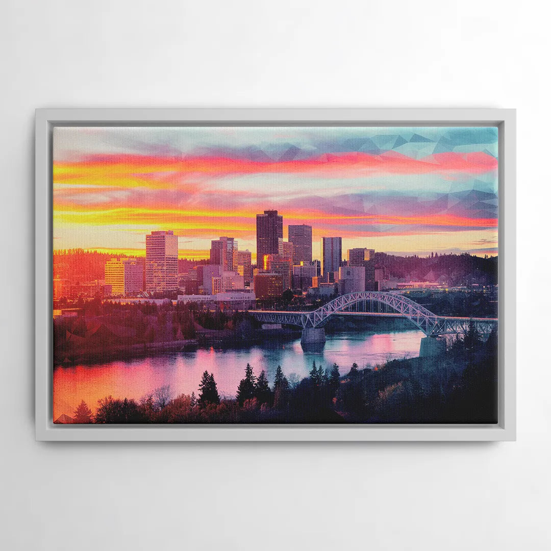 Spokane Skyline Sunset - White Frame Canvas