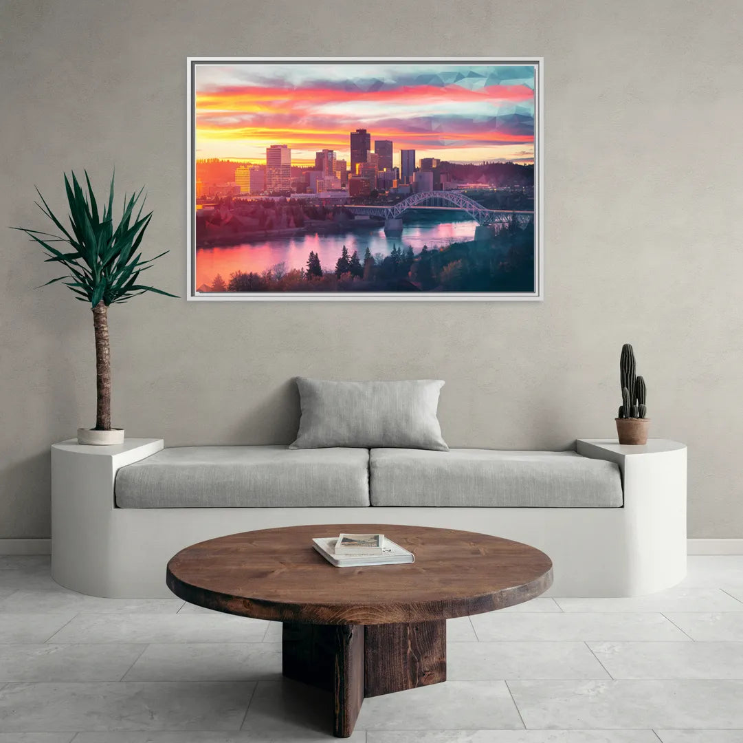 Spokane Skyline Sunset - Living Room White Frame Canvas