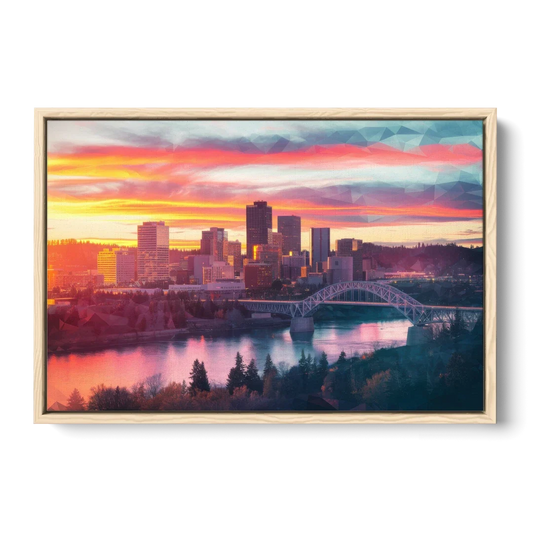 Spokane Skyline Sunset - Oak Framed Canvas Wall Art - Front