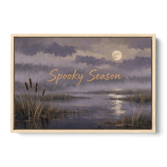 Spooky Halloween Canvas of a Moonlit Marsh - Oak Framed Canvas Wall Art - Front