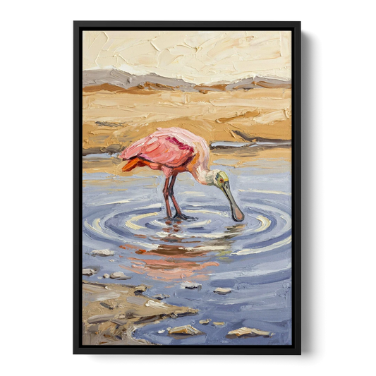 Spoonbill Painting in Golden Shallows - Black Framed Canvas Wall Art - Front