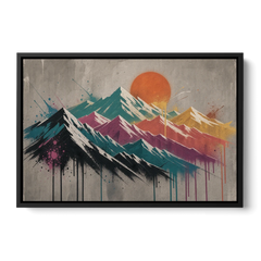 Street Art Spray Stencil Mountain Range Under Orange Sun - Black Framed Canvas Wall Art - Front