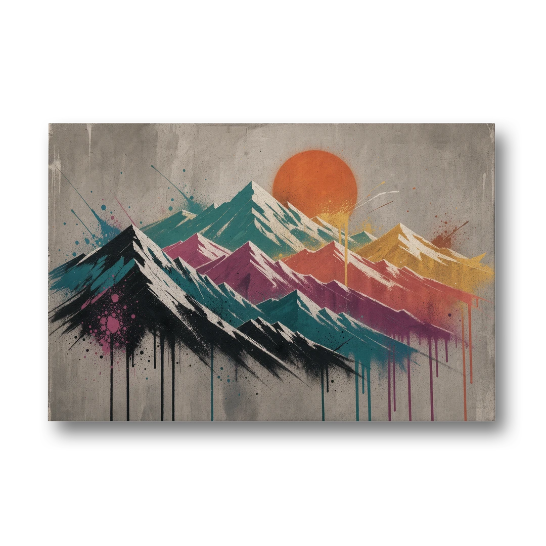 Spray Stencil Mountain Range Under Orange Sun - Canvas Wall Art - Front