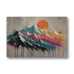 Street Art Spray Stencil Mountain Range Under Orange Sun - Canvas Wall Art - Front