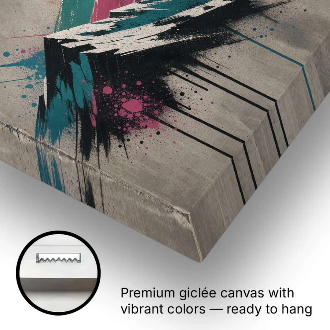 Spray Stencil Mountain Range Under Orange Sun - Canvas Wall Art - Gallery Wrap Corner