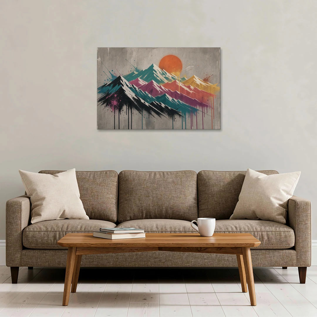 Spray Stencil Mountain Range Under Orange Sun - Canvas Wall Art - Sofa - 36x24