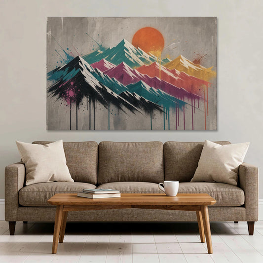 Street Art Spray Stencil Mountain Range Under Orange Sun - Canvas Wall Art - Sofa - 60x40