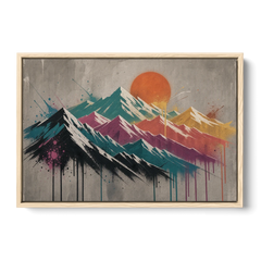 Street Art Spray Stencil Mountain Range Under Orange Sun - Oak Framed Canvas Wall Art - Front