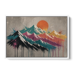 Street Art Spray Stencil Mountain Range Under Orange Sun - White Framed Canvas Wall Art - Front