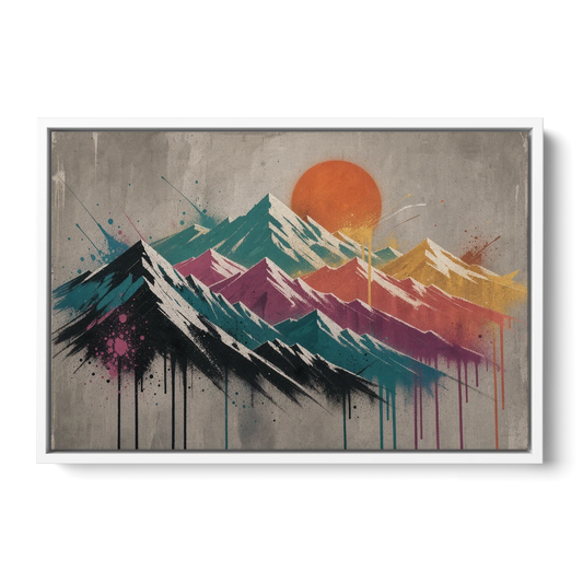 Street Art Spray Stencil Mountain Range Under Orange Sun - White Framed Canvas Wall Art - Front