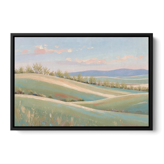 Spring Hills Under a Blush Morning for the Guest Bedroom - Black Framed Canvas Wall Art - Front