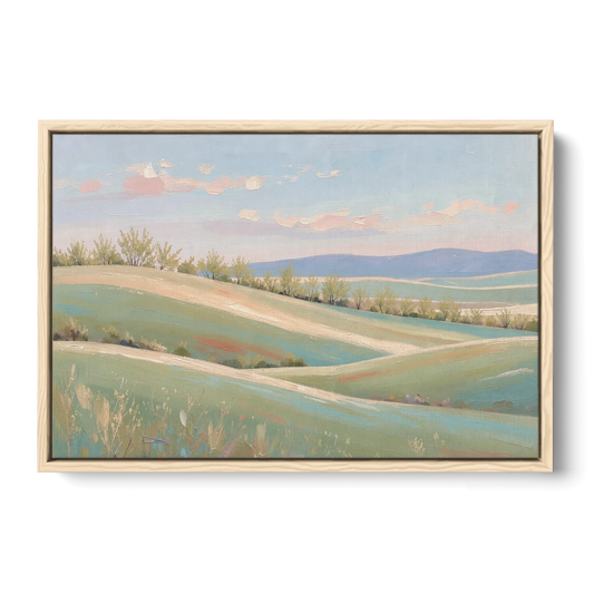 Spring Hills Under a Blush Morning for the Guest Bedroom - Oak Framed Canvas Wall Art - Front