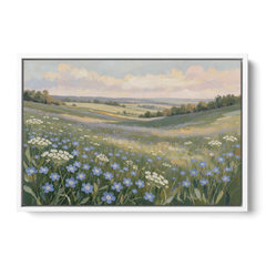 Spring Wall Art of Blue Blooms After Rain - White Framed Canvas Wall Art - Front