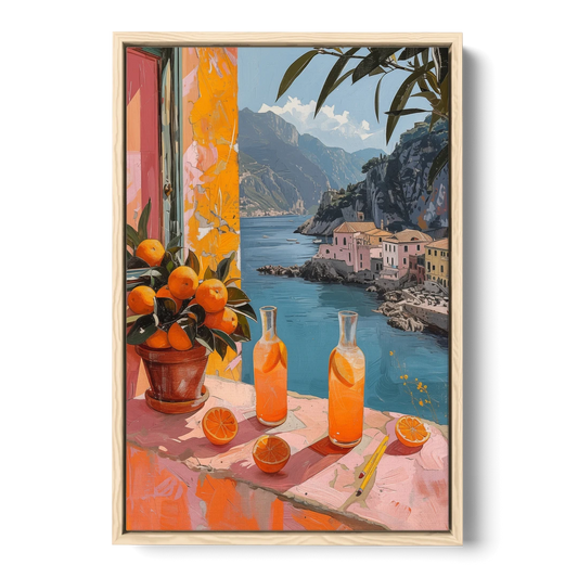 Spritz Painting at a Seaside Window - Oak Framed Canvas Wall Art - Front