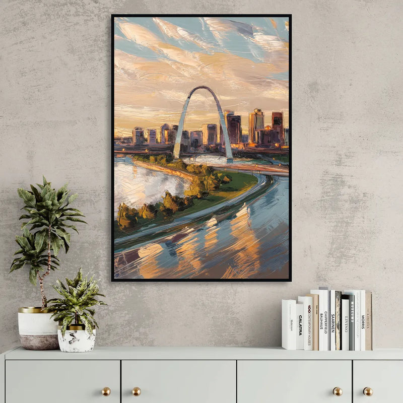 St. Louis Downtown Aerial View Living Room - Black Canvas Wall Art