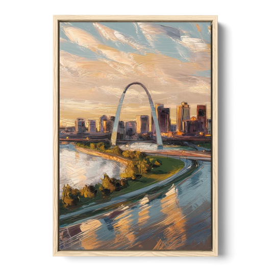St. Louis Downtown Aerial View - Oak Framed Canvas Wall Art - Front