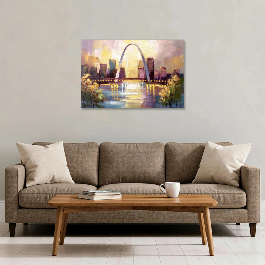 St. Louis Gateway Arch And City Lights - Canvas Wall Art - Sofa - 36x24
