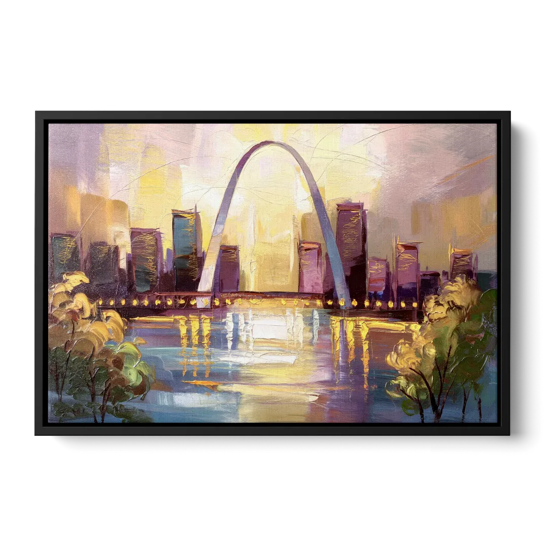 St. Louis Gateway Arch And City Lights Front - Black Canvas Wall Art