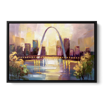 St. Louis Gateway Arch And City Lights Front - Black Canvas Wall Art
