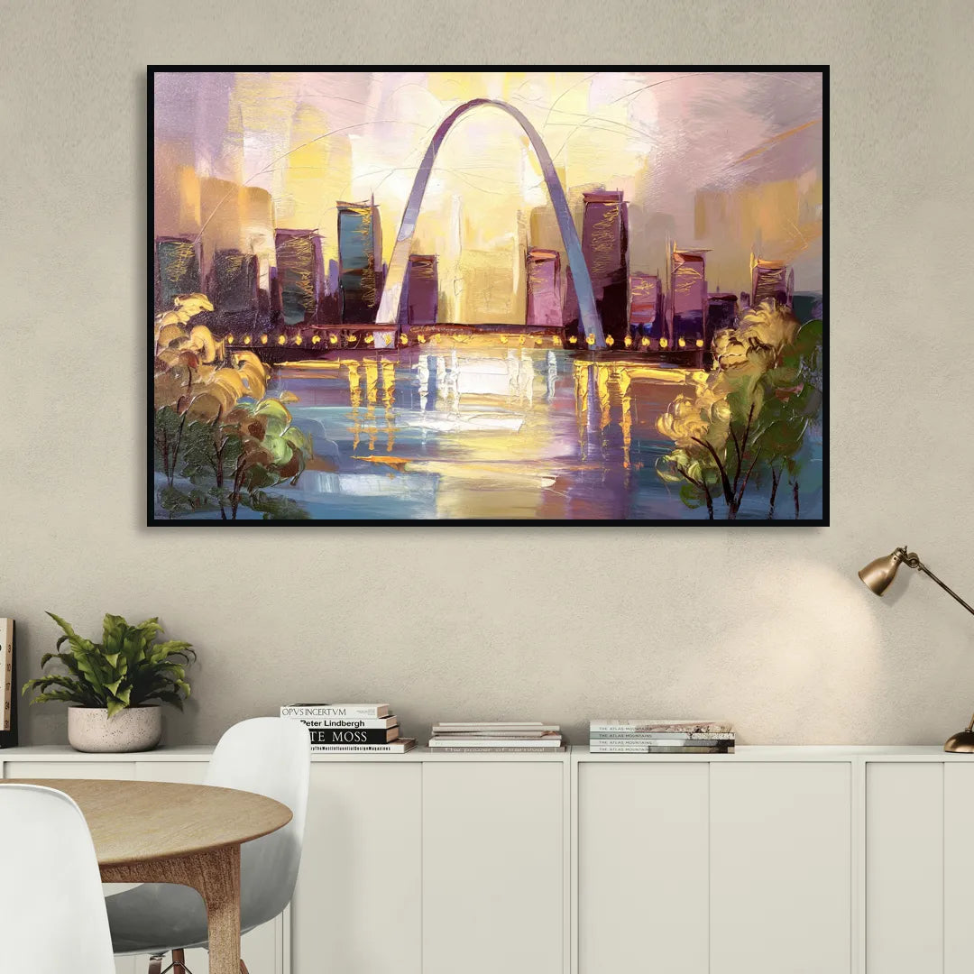 St. Louis Gateway Arch And City Lights Sitting Room - Black Canvas Wall Art