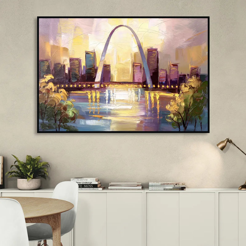 St. Louis Gateway Arch And City Lights Sitting Room - Black Canvas Wall Art