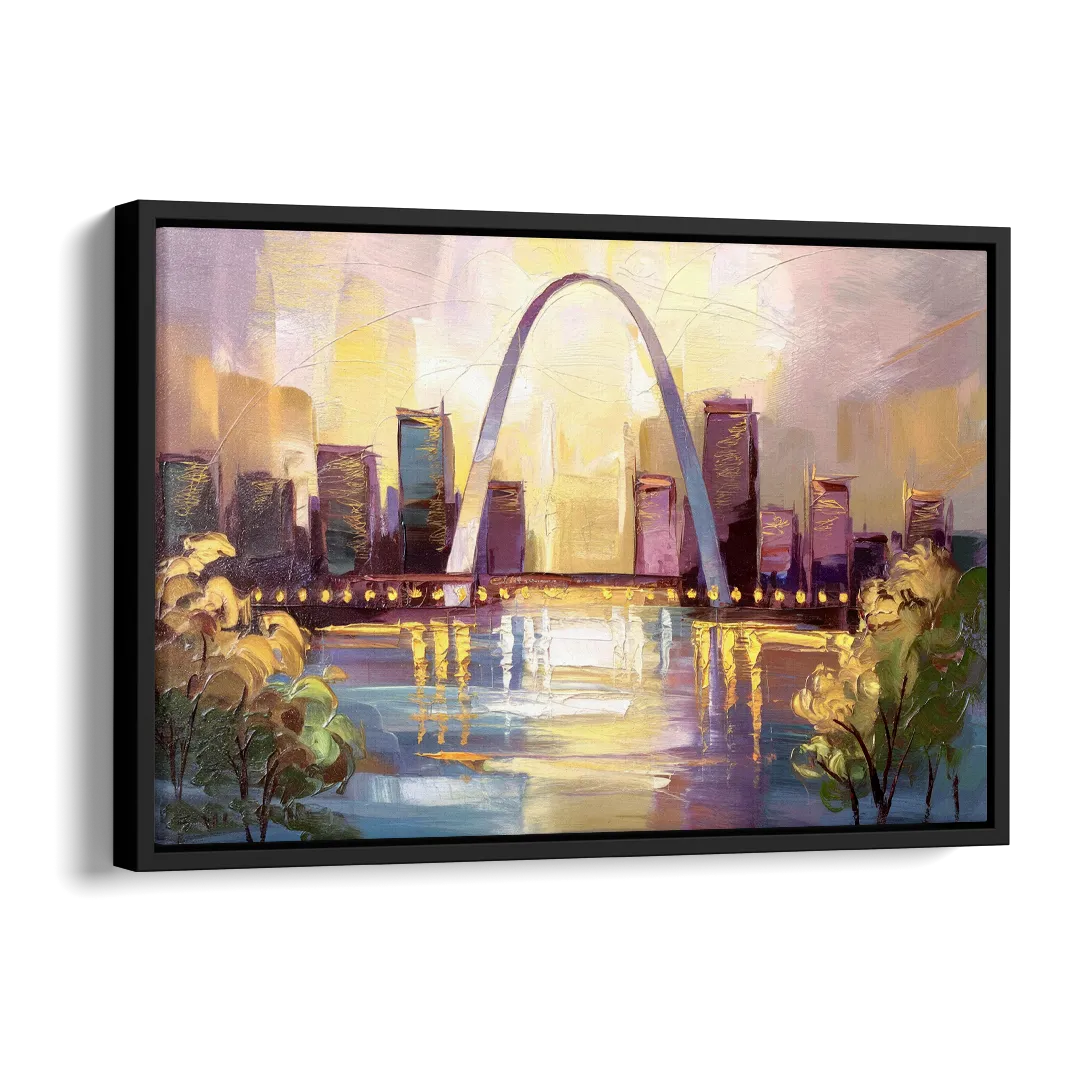 St. Louis Gateway Arch And City Lights Side - Black Canvas Wall Art