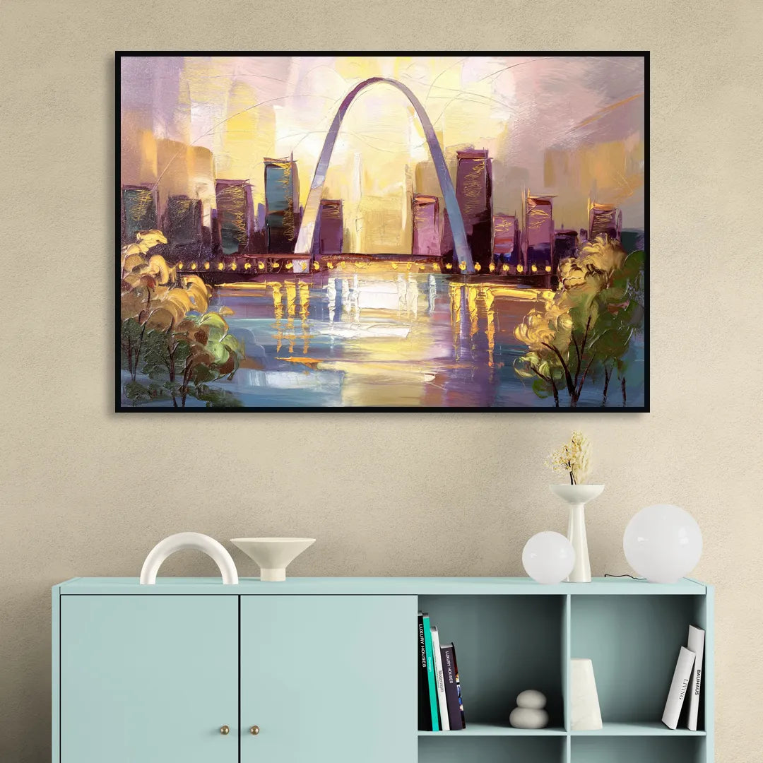 St. Louis Gateway Arch And City Lights Living Room - Black Canvas Wall Art