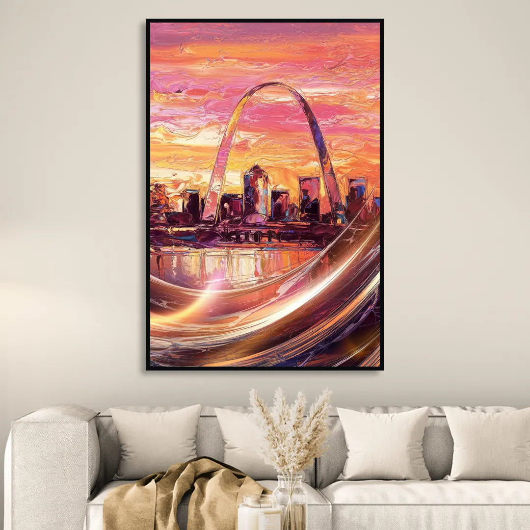 St. Louis Skyline at Sunset Sitting Room - Black Canvas Wall Art