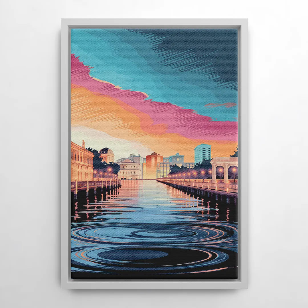 St. Petersburg Skyline Reflection - White Frame Canvas