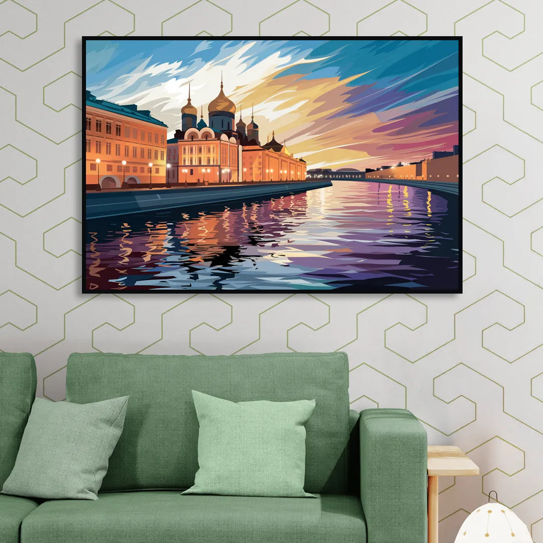 St. Petersburg Waterfront Sunset Sitting Room - Black Canvas Wall Art