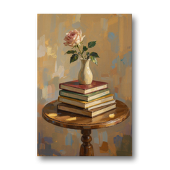 Stack of Books Painting with a Blush Rose - Canvas Wall Art - Front