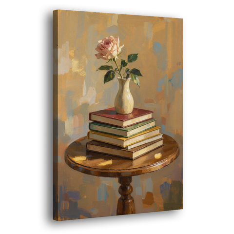 Stack of Books Painting with a Blush Rose - Canvas Wall Art - Side